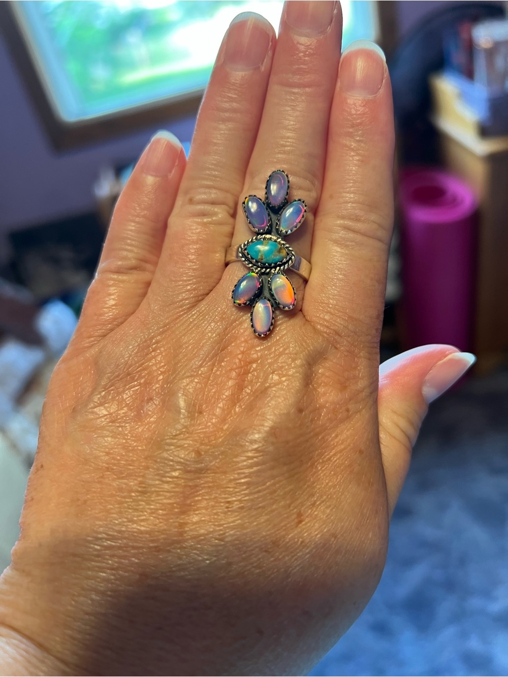 Sterling southwestern Opal and turquoise ring - Picture 7 of 8